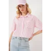 Çizgili Crop Gömlek 20342 - Pudra