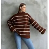 Çizgili ispanyol kol triko boğazlı kahve beyaz elf
