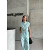 ÇİZGİLİ KETEN KOLSUZ CROP PANTOLON TAKIM - Yeşil