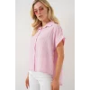 Çizgili Kısa Kol Gömlek 20327 - Pembe