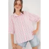 Çizgili Kısa Kol Gömlek 20345 - Pudra