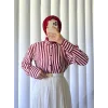 Çizgili Oversize Düğmeli Gömlek -Bordo