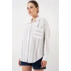 Çizgili Oversize Gömlek 20278 - B.Beyaz