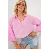 Çizgili Oversize Kısa Gömlek 20326 - Pembe