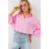 Çizgili Oversize Kısa Gömlek 20326 - Pembe