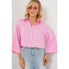 Çizgili Oversize Kısa Gömlek 20326 - Pembe