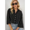 Çizgili Oversize Kısa Gömlek 20326 - Siyah