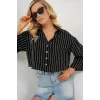 Çizgili Oversize Kısa Gömlek 20326 - Siyah