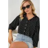 Çizgili Oversize Kısa Gömlek 20326 - Siyah