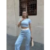 Crop pantolon biyeli takım mavi