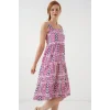 Desenli Askılı Midi Elbise 2577 - Fuşya