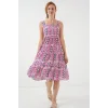 Desenli Askılı Midi Elbise 2577 - Fuşya