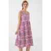 Desenli Askılı Midi Elbise 2577 - Fuşya