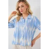 Desenli Kısa Kol Crop Gömlek 20337 - Mavi