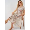 Desenli Kısa Kol Elbise 2558 - Krem