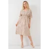Desenli Kısa Kol Elbise 2569 - Bej