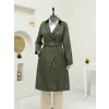Düğmeli Kemerli Ara Boy Trençkot -Haki