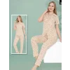 Gül Desenli Düğmeli Pijama Takımı -Somon