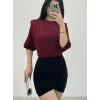 İçi Tulumlu Omuzdan Büzgülü Vatkalı Sendy Bluz -Bordo