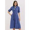 İndigo Kuşaklı Gömlek Elbise 2442