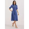 İndigo Kuşaklı Gömlek Elbise 2442