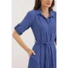 İndigo Kuşaklı Gömlek Elbise 2442