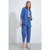 İndigo Oversize Keten Alt Üst Takım 6622