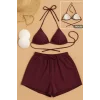Kadın 3lü Set Bordo Şortlu ve Yandan Bağlamalı Bikini Mayo Takımı