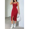 Kadın Askılı Kare Yakalı önden Düğmeli Midi Kaşkorse Elbise