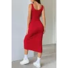 Kadın Askılı Kare Yakalı önden Düğmeli Midi Kaşkorse Elbise