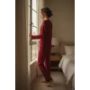 Kadın Bordo Fiyonklu İç Çamaşırı ve Uzun Kollu V Yaka Pijama Takımı 4lü Set