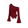 Kadın Bordo Uzun İspanyol Kollu Asimetirik Yaka Yandan Bağlamalı Drapeli Bluz