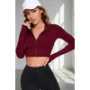 Kadın Bordo Uzun Kol Fermuarlı Parmak Geçme Detaylı Dik Yaka Crop Top Bluz