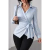 Kadın çizgili Kruvaze Bağlamalı Gömlek