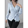Kadın çizgili Kruvaze Bağlamalı Gömlek