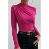 Kadın Fuşya Belden ve Boyundan Büzgü Detaylı Uzun Kollu Bluz