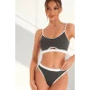 Kadın Gri Antrasit Kaşkorse ve Beyaz Lastikli Cut-Out Tanga Külotlu Takım – Modern, Konforlu