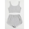 Kadın Gri Askılı Crop Top ve Şortlu Gecelik Takım