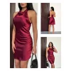 Kadın Halter Yaka Sırt Dekolteli Mini Saten Elbise