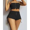 Kadın Ip Askılı Crop Bluz Ve Yanlardan Büzgülü Ikili Kaşkorse Short Takım