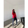Kadın Kırmızı Kapşonlu Etek Ucu Detay Arma Ters Dikiş Gorunumlu Ikili Takım