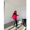 Kadın Kırmızı Kapşonlu Etek Ucu Detay Arma Ters Dikiş Gorunumlu Ikili Takım