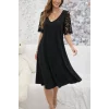 Kadın Kısa Dantel Kollu V Yakalı Midi Viskon Elbise