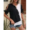 Kadın Kısa Kollu Kollardan Bağlamalı önden Asimetrik Kesim çift Renk Detaylı Düğmeli Ithal Krep Bluz