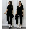 Kadın Kısa Kollu V Yakalı Iki Iplik Bluz Ve Pantolon Ikili Takım