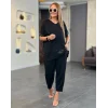 Kadın Kısa Kollu V Yakalı Pul Payetli Viskon Iki Iplik Bluz Ve Pantolon Ikili Takım