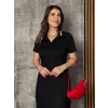 Kadın Kısa Kollu Yakalı Yırtmaçlı Midi Viskon Iki Iplik Elbise