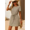Kadın Kısa Kollu Yuvarlak Yaka Beli Kuşaklı Geometrik Desenli Süprem Elbise