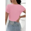 Kadın Pembe Yarım Kol Düz Yaka Crop Top Bluz – Şık, Rahat ve Kolay Kombinlenebilir