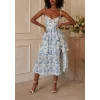 Kadın Sıfır Kol Askılı Dekolteli Yırtmaç Detay çiçek Baskılı Süprem Midi Elbise